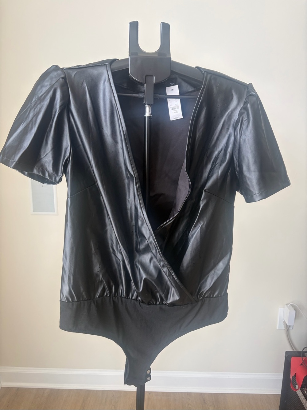 NWT New York & Company Faux Leather Wrap Bodysuit | Black | L